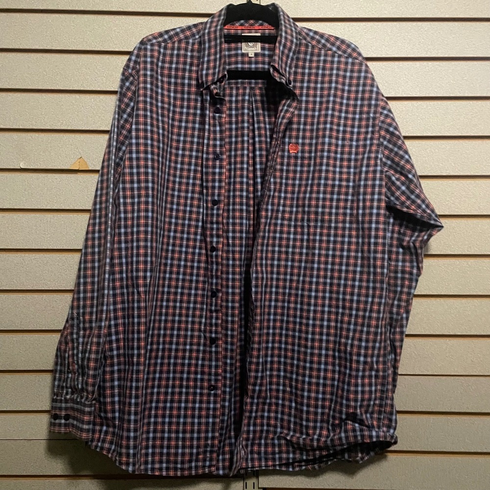 Cinch Mens Plaid Button Down Shirt Long Sleeve Navy Blue Orange Cotton Large